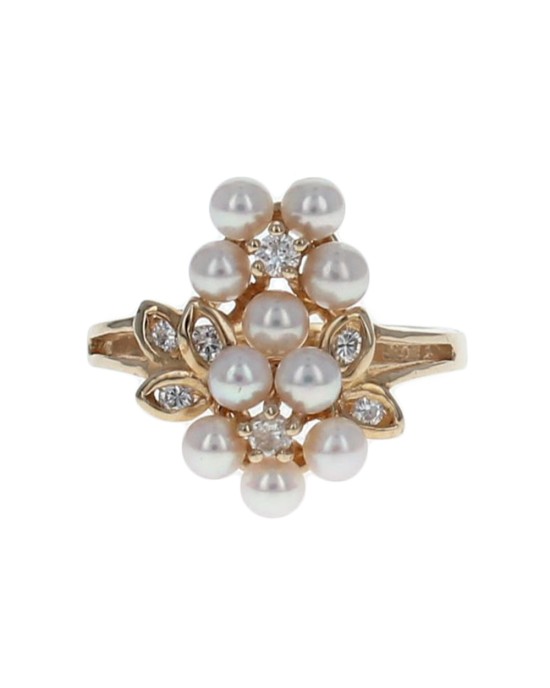 Pink Pearl and Diamond Flower Cluster Ring